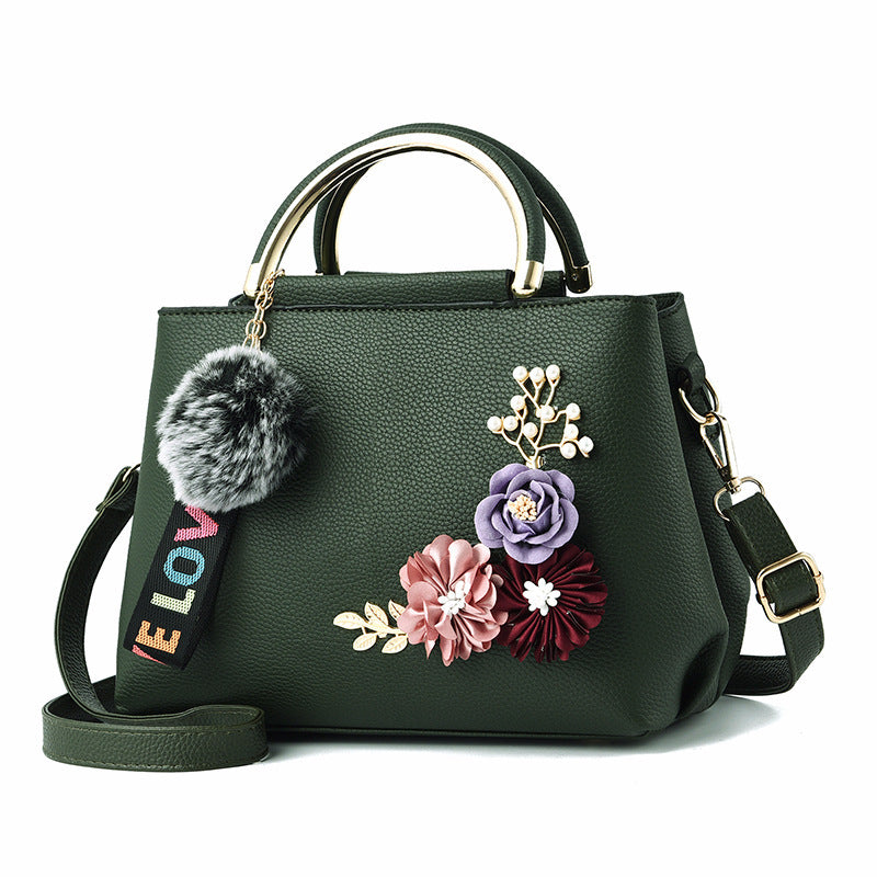 Pure Color Fashion Three-dimensional Embroidered Flowers Iron Handle Portable Pu Female Bag Korean Trend
