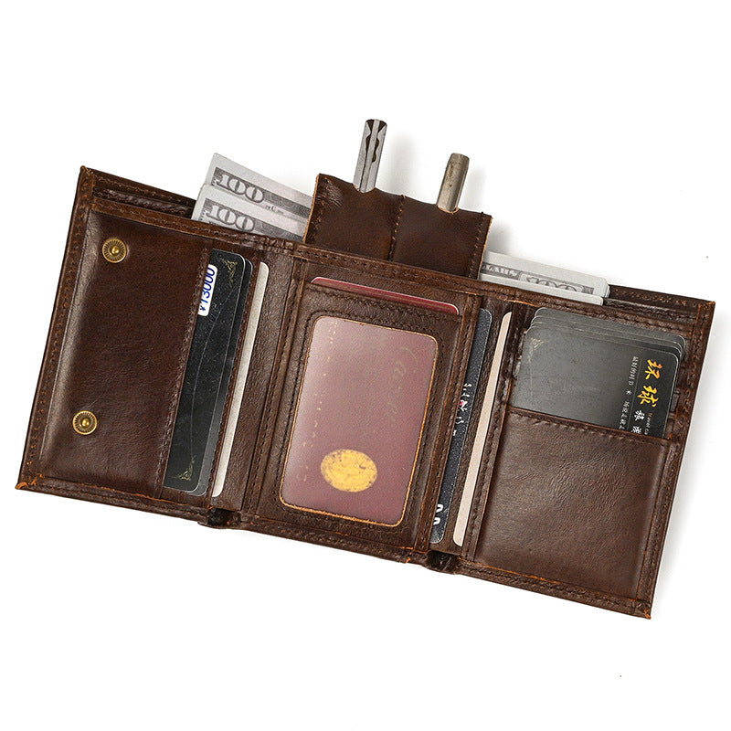 rfid genuine leather small wallet mens three fold multiple card slots with iron chain