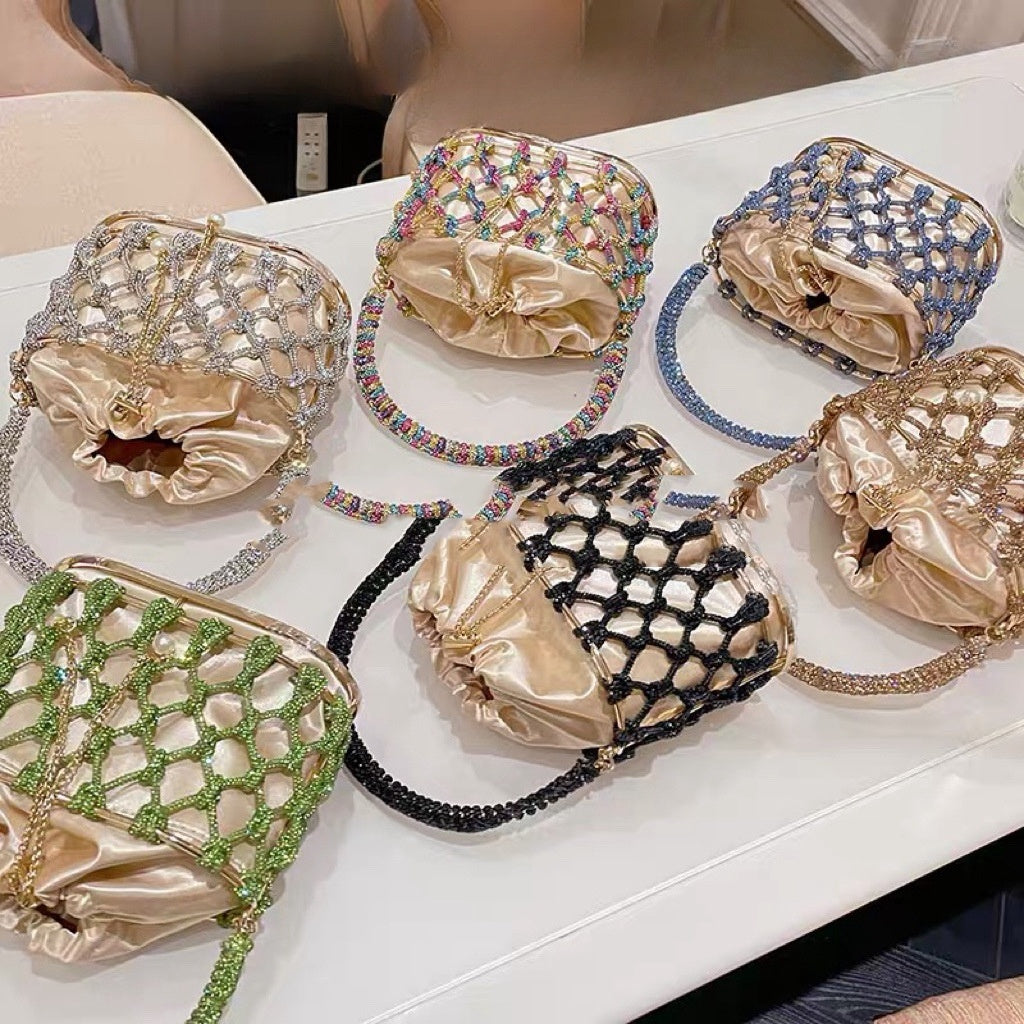 high grade heavy hand woven shiny rhinestone strip metal birdcage portable basket