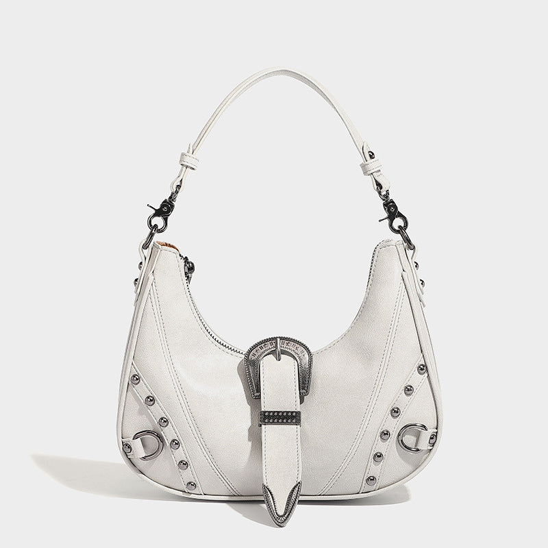 womens distressed silver belt buckle underarm shoulder bag