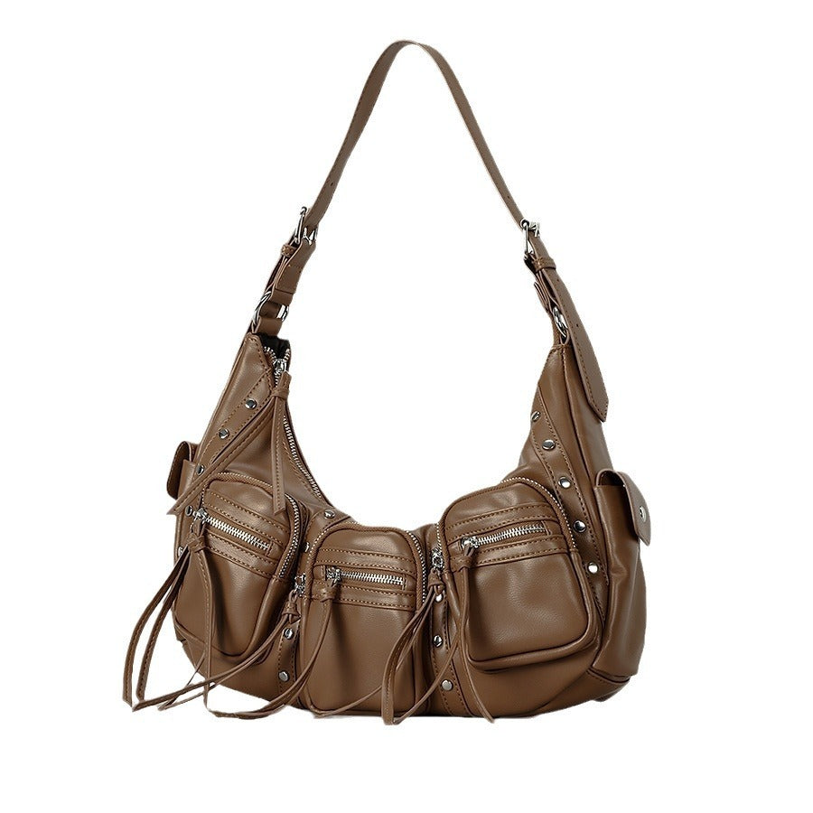 one shoulder punk tassel large capacity motorcycle bag women