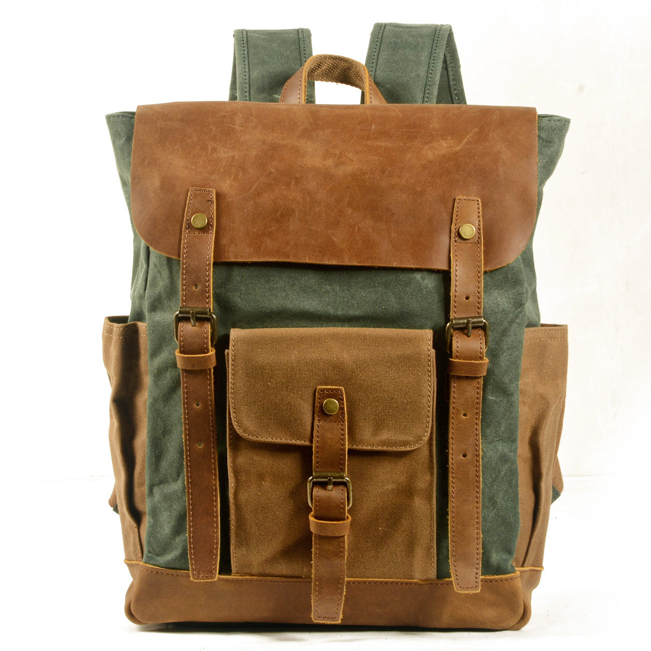 canvas stitching crazy horse leather backpack oil wax waterproof computer schoolbag