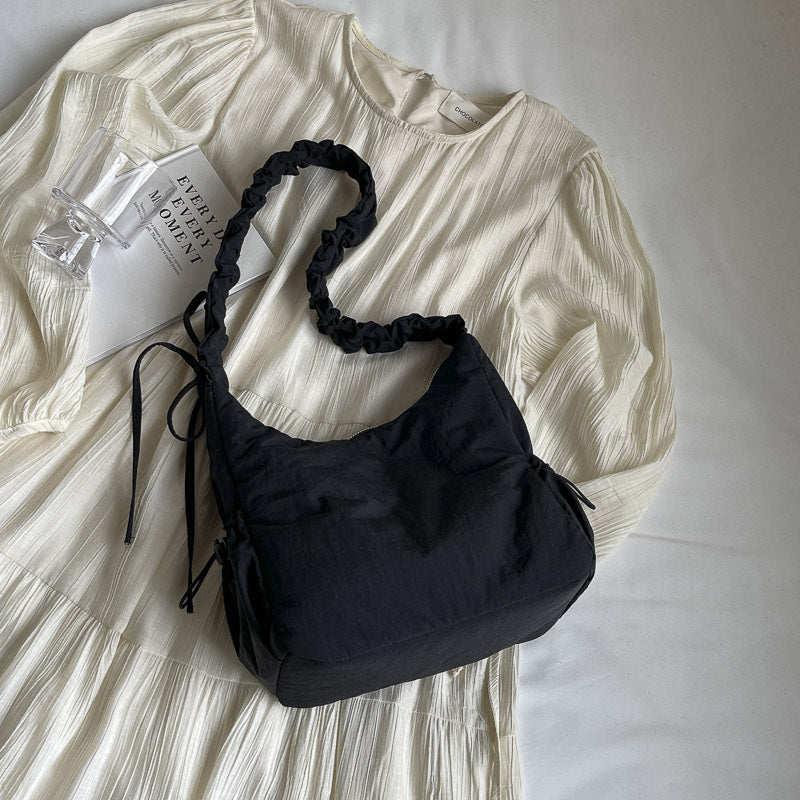 womens drawstring ruffle cloud portable shoulder messenger bag