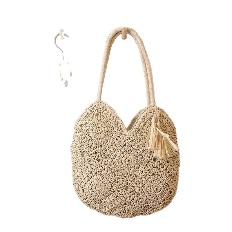 hollow tassel straw bag large capacity shoulder woven bag