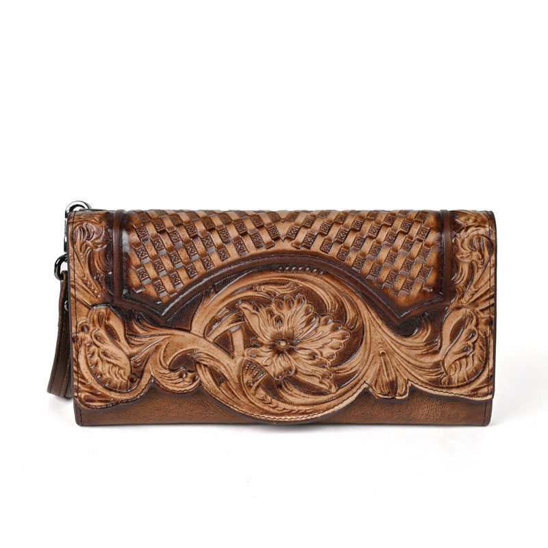 chinese style embossed wallet top layer long cowhide fashion
