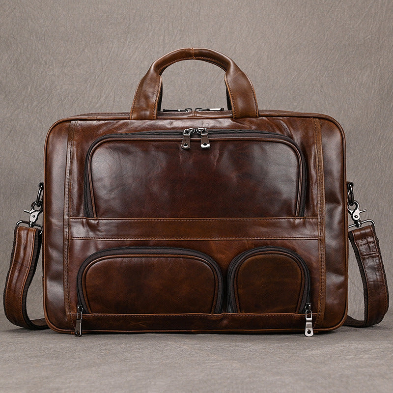 mens leather briefcase three compartment large capacity business handheld cowhide 17 inch commuter computer bag