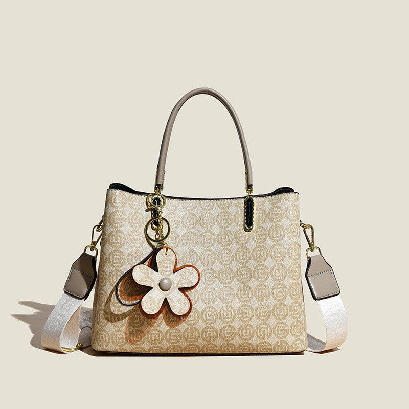 printed tote bag with flower pendant new temperament shoulder bag for women fashion large capacity crossbody bag