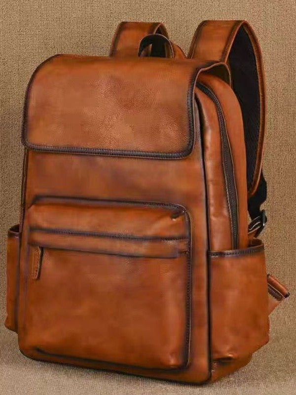Flip-Top Design Multi-Pocket High-Capacity Commuter Leather Backpack