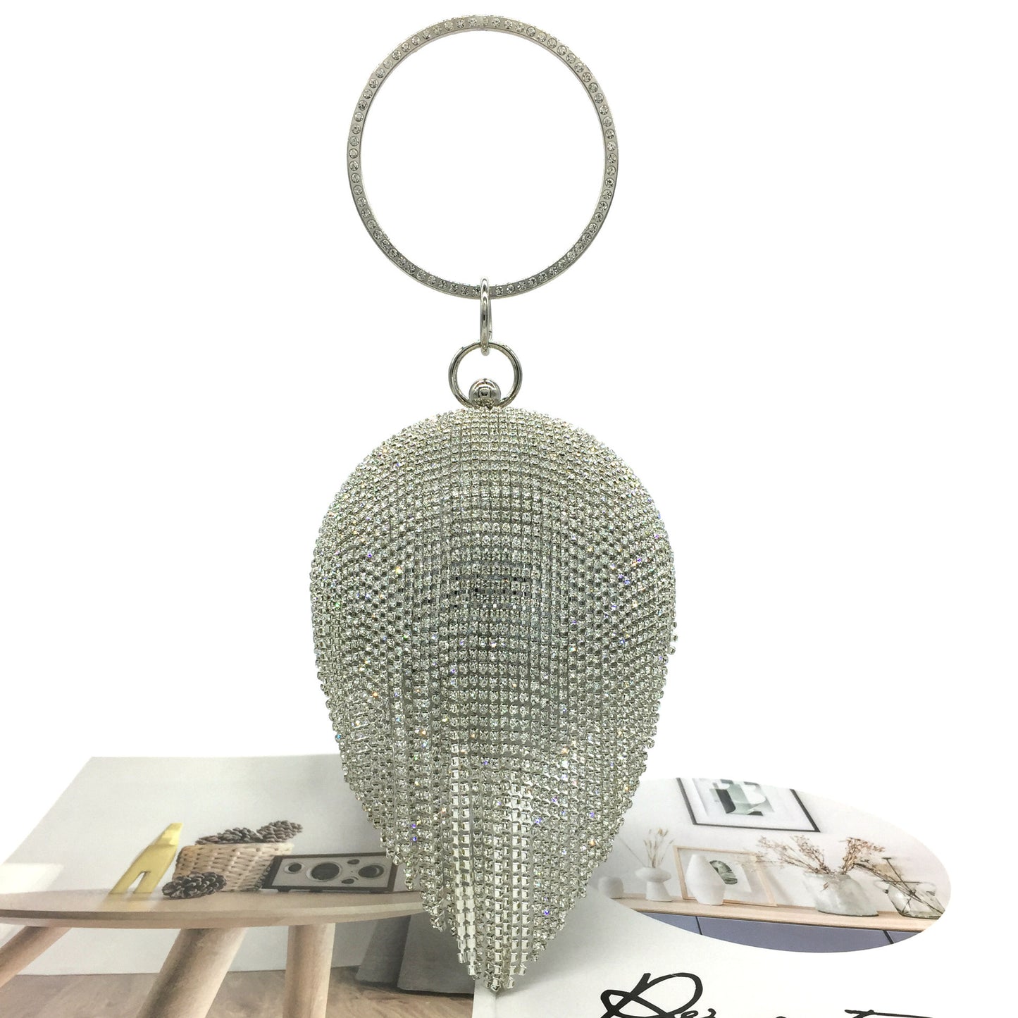 round dinner bag with diamond stickers spherical tassel bag hot diamond handbag chain bag