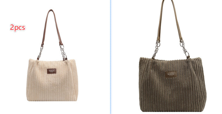 Casual Simple Portable Shopper Tote Bag Corduroy Solid Commuter Zipper Women's Handbag