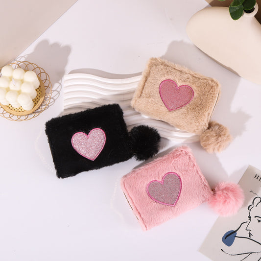 plush coin purse love embroidered zipper