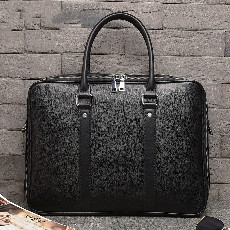 mens real leather handbag double zipper cattlehide leather fashion