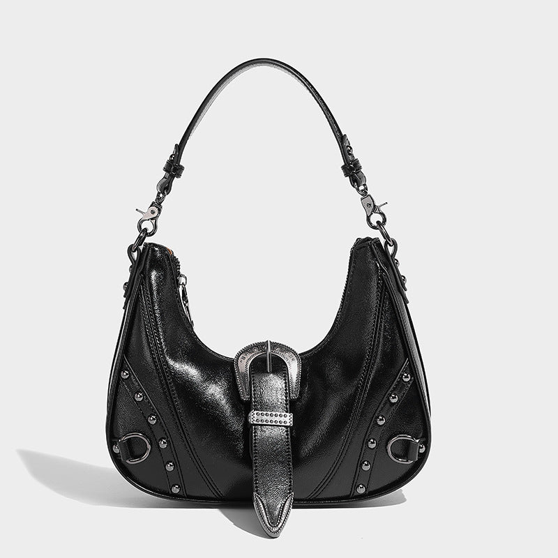 womens distressed silver belt buckle underarm shoulder bag