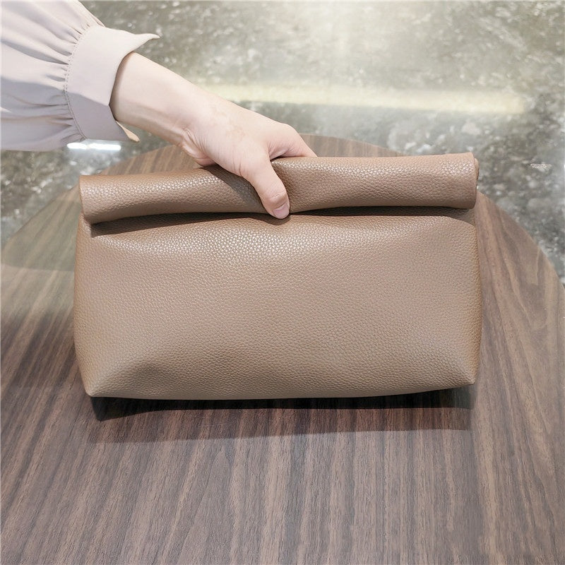 simple leather curling large capacity handbag