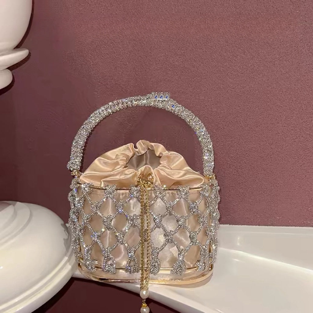 high grade heavy hand woven shiny rhinestone strip metal birdcage portable basket