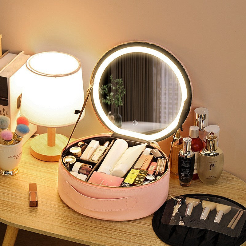 round smart led makeup bag with mirror lights women beauty bag large capacity pu leather travel organizers cosmetic case