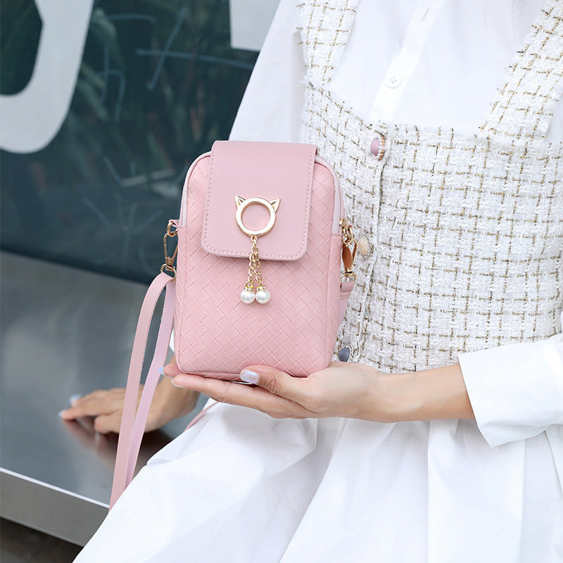 mobile phone bags women woven pearl tassel cover type crossbody shoulder bag