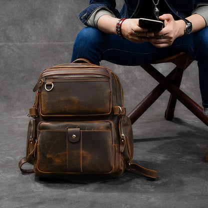 leather wide shoulder strap travel cowhide backpack