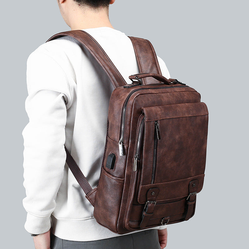 mens leather new large capacity usb charging backpack