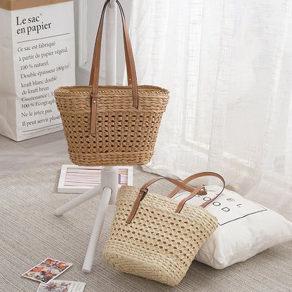 large capacity fashion urban simple white khaki straw braided bag