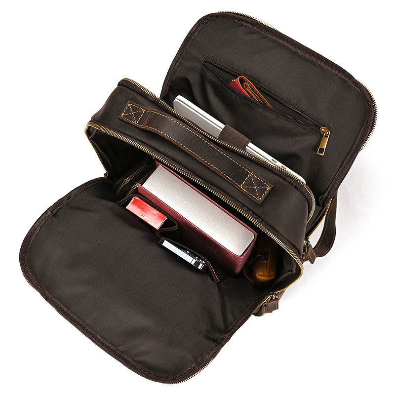 double zipper main bag genuine leather large capacity crazy horse leather outdoor travel leisure backpack