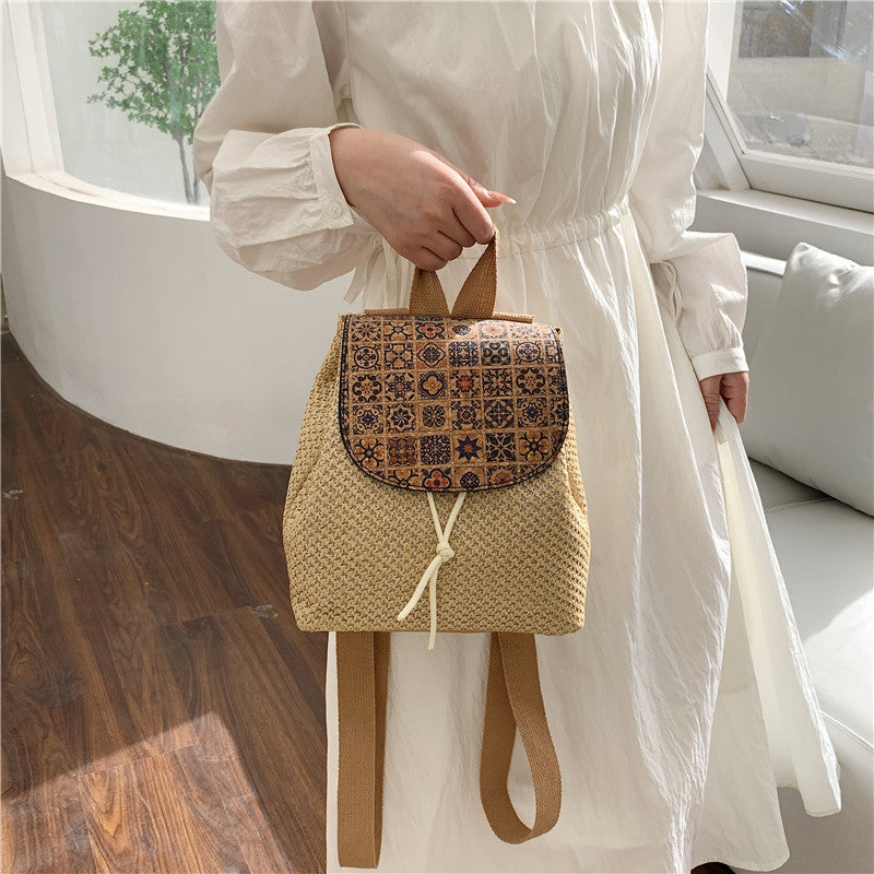 western style travel womens straw backpack bohemian style tassel bag