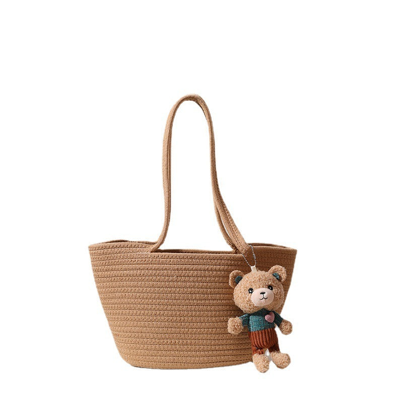 womens fashion casual cotton thread shoulder straw bag