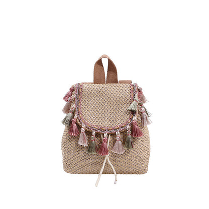 western style travel womens straw backpack bohemian style tassel bag