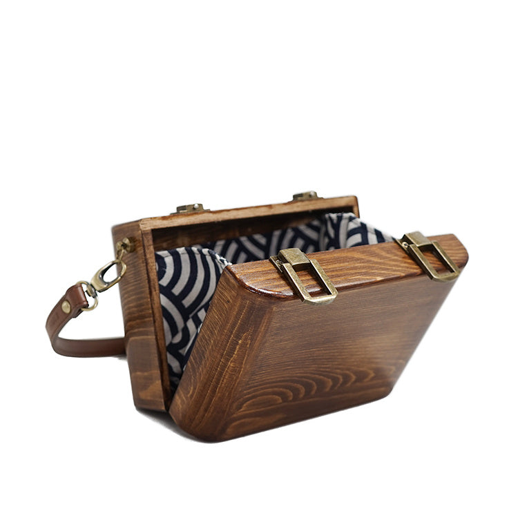 niche retro literary wooden double buckle womens messenger bag