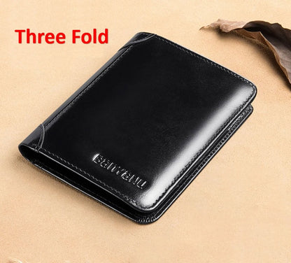 mens short matte leather tri fold vertical wallet