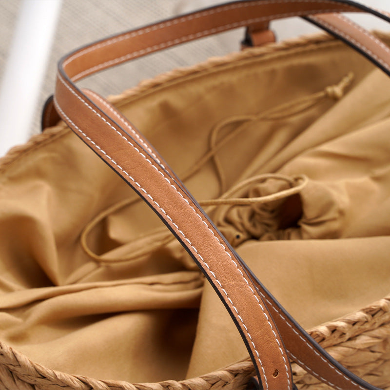 large capacity fashion urban simple white khaki straw braided bag