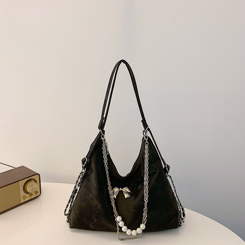 niche commuter pearl chain one shoulder bag womens all match shoulder tote bag