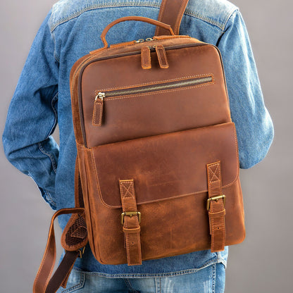 crazy horse leather retro mens large capacity backpack