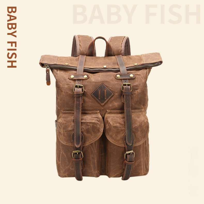 retro waterproof crazy horse leather canvas large capacity backpack