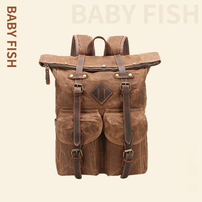 retro waterproof crazy horse leather canvas large capacity backpack