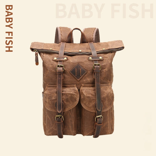 retro waterproof crazy horse leather canvas large capacity backpack