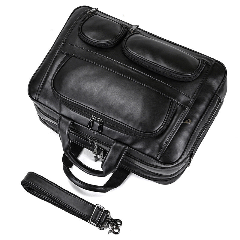 mens leather briefcase three compartment large capacity business handheld cowhide 17 inch commuter computer bag
