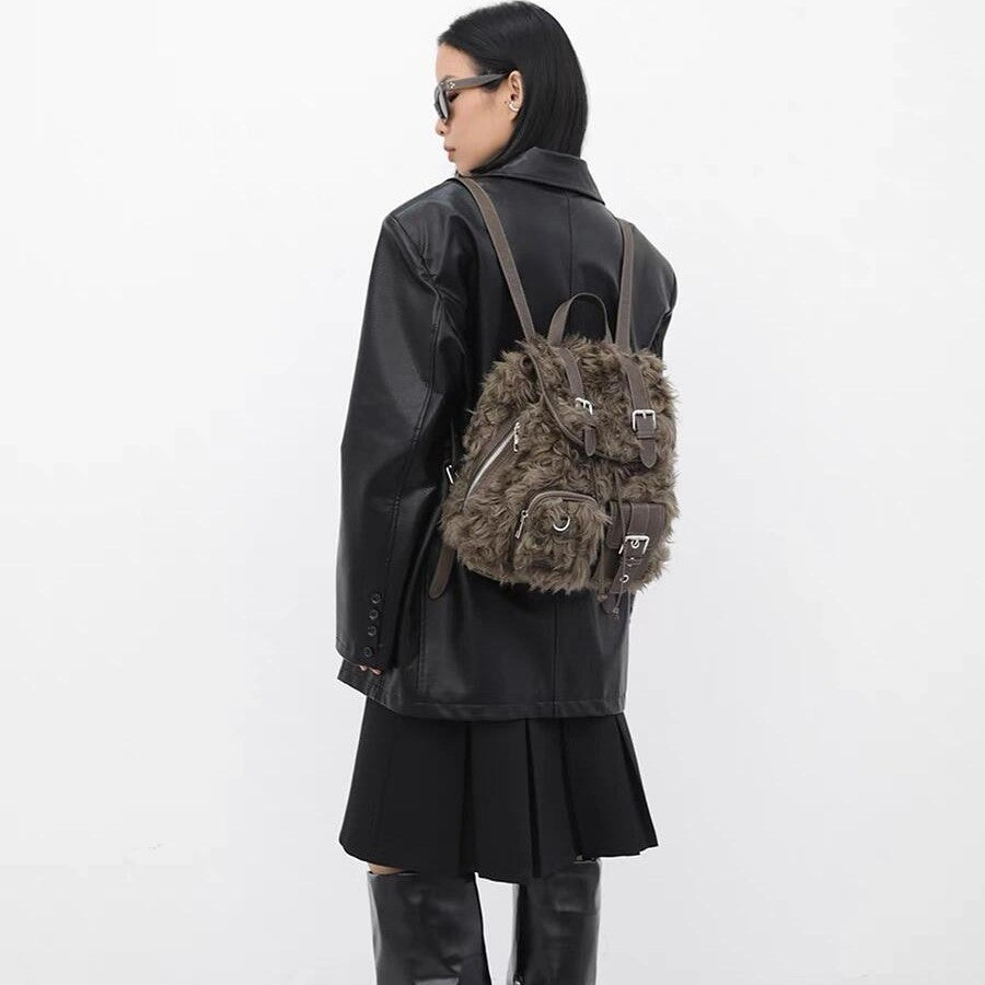 retro backpack bags plush large capacity bag