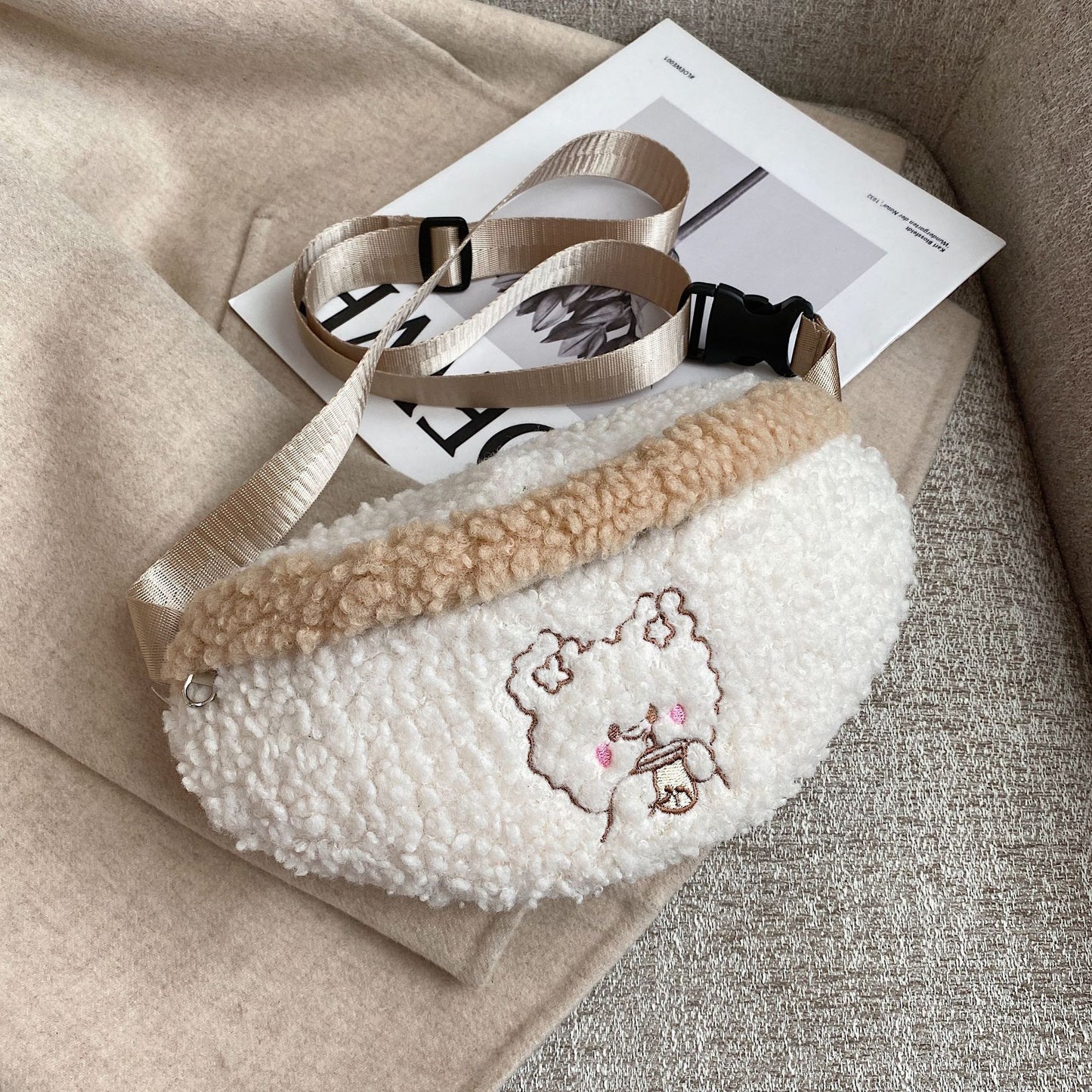 one shoulder crossbody cute cartoon embroidery bear lamb wool