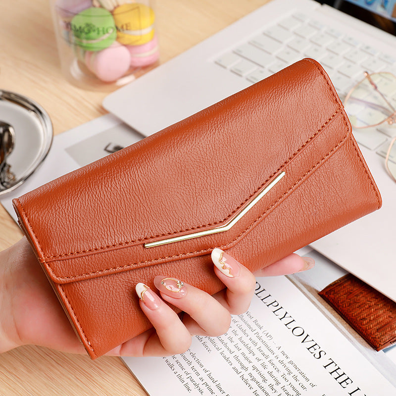 womens long three fold stitching fashion multi card slot leather oil wax leather large capacity wallet