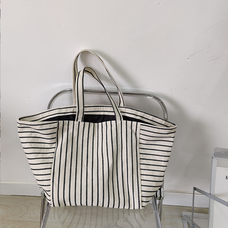 canvas bag for women ins shoulder large capacity idle style striped fashion