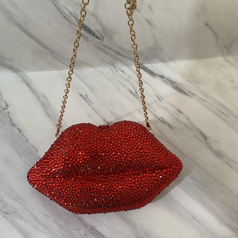 diamond embedded hand held party rhinestone acrylic lips chain dinner bag