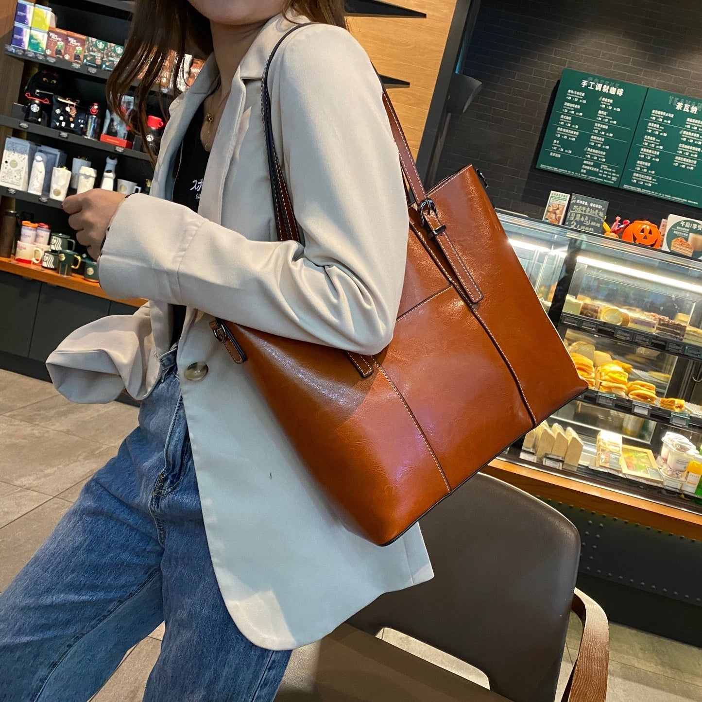 big bag genuine leather capacity cowhide messenger bag female hand held tote