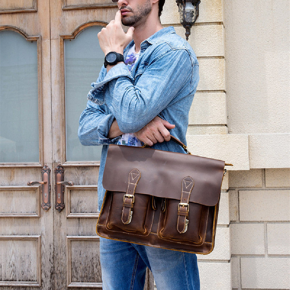 mens fashion personality leather retro portable briefcase