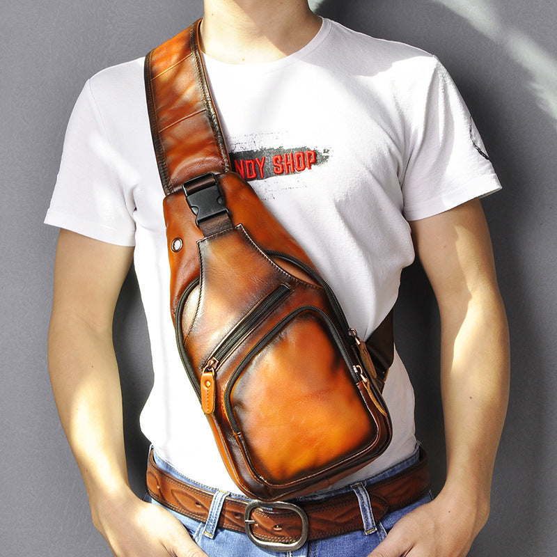 mens simple top layer cowhide chest bag