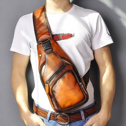 mens simple top layer cowhide chest bag