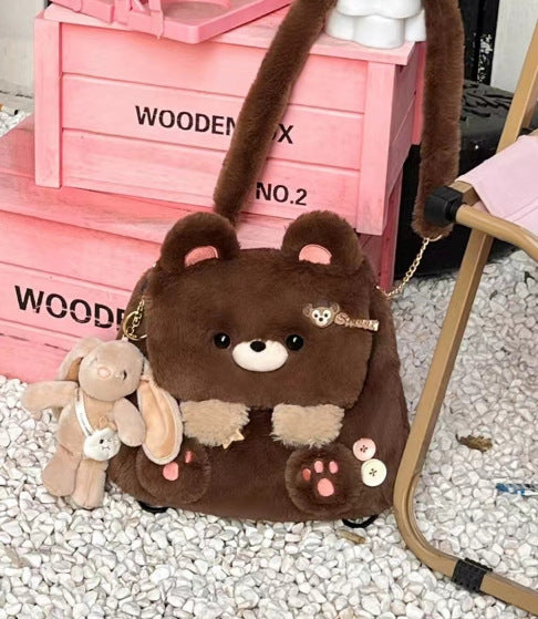 large capacity cute personality plush bear backpack for women