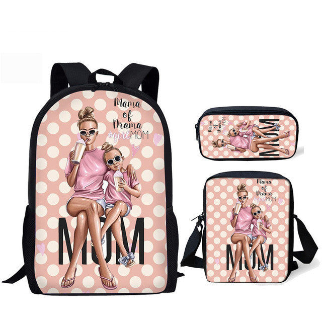 three piece printed student backpack diagonal bag