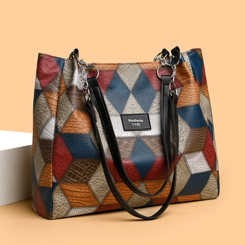 retro geometric pattern color matching shoulder bag fashion large capacity stitching handbag for women totes