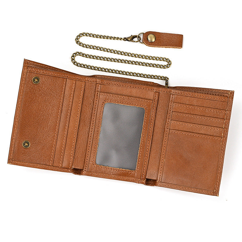rfid genuine leather small wallet mens three fold multiple card slots with iron chain